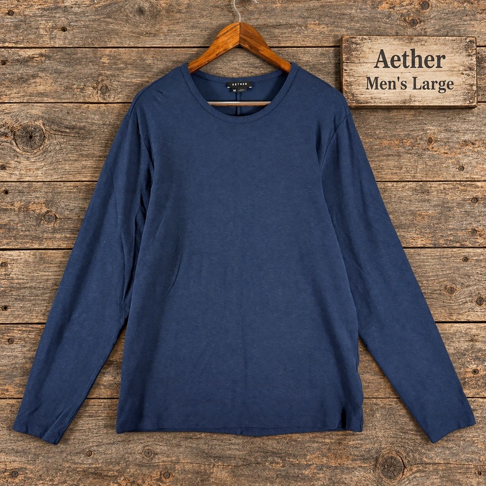 Aether Mens Medium Navy Blue Organic Cotton Hemp Long Sleeve Crew Neck T-Shirt